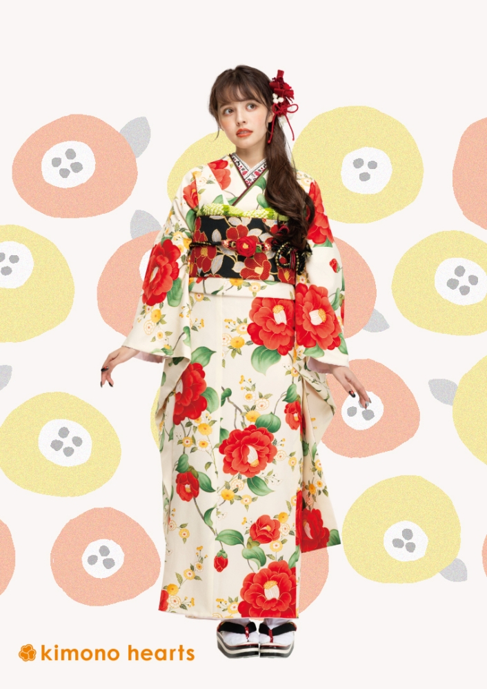 【キモノハーツ】成人式の振袖レンタル・購入 卒業式の袴レンタル 【レトロモダン】 オフホワイト 白 赤 椿 天翔愛 加藤ナナ カラフル 派手 キッチュ ポップ 個性的 かわいい 昭和 最新トレンドのかわいいお洒落な振袖をお安くお得に KH-135