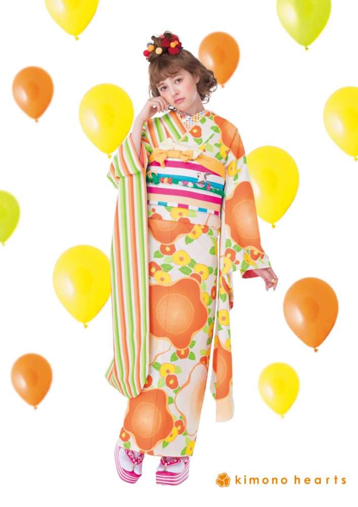【キモノハーツ】成人式の振袖レンタル・購入 卒業式の袴レンタル 【レトロモダン】 キモノハーツオリジナル振袖 黄緑 オレンジ 橙色 半身仕立て ストライプ 梅 椿 LARME掲載 加藤ナナ カラフル 派手 キッチュ ポップ 個性的 かわいい 昭和 二十歳の集い 最新トレンドのかわいいお洒落な振袖をお安くお得に KH-278