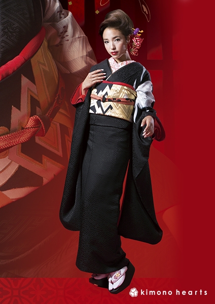 【キモノハーツ】成人式の振袖レンタル・購入 卒業式の袴レンタル 【モードスタイル】　キモノハーツオリジナル振袖　黒　銀　無地　月下美人　シンプル　最先端　都会的　シック　大人　二十歳の集い　クール　かっこいい　最新トレンドのかわいいお洒落な振袖をお安くお得に　KH-176