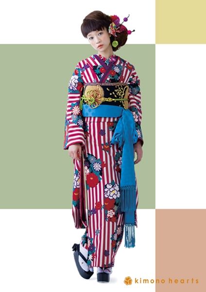 【キモノハーツ】成人式の振袖レンタル・購入 卒業式の袴レンタル 【レトロモダン】　赤　白　紅白　ストライプ　牡丹　菊　縦縞　タカハシマイ　カラフル　派手　キッチュ　ポップ　個性的　かわいい　昭和　二十歳の集い　はたち　最新トレンドのかわいいお洒落な振袖をお安くお得に　KH-133