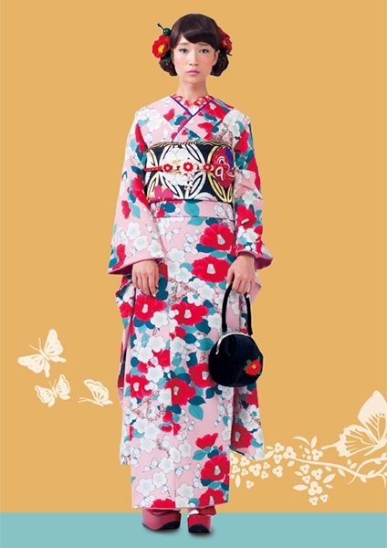 【キモノハーツ】成人式の振袖レンタル・購入 卒業式の袴レンタル 【レトロモダン】　ピンク　赤　椿　梅　武居詩織　カラフル　派手　ガーリー　かわいい　キッチュ　ポップ　個性的　かわいい　昭和　二十歳の集い　はたち　最新トレンドのかわいいお洒落な振袖をお安くお得に KH-157
