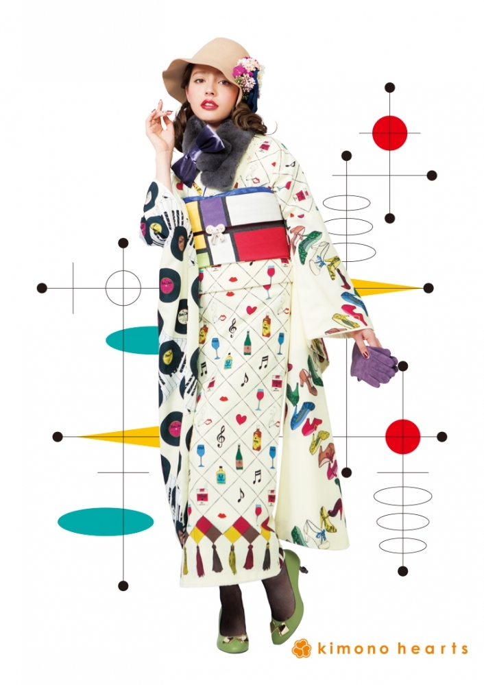 【キモノハーツ】成人式の振袖レンタル・購入 卒業式の袴レンタル 【レトロモダン】　オフホワイト　白　レコード　音符　パンプス　ピアノ　ワイン　加藤ナナ　カラフル　派手　キッチュ　ポップ　個性的　かわいい　昭和　最新トレンドのかわいいお洒落な振袖をお安くお得に　KH-224　二十歳の集い