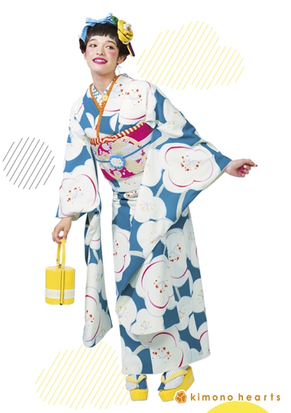 【キモノハーツ】成人式の振袖レンタル・購入 卒業式の袴レンタル 【レトロモダン】　水色　青　ターコイズブルー　白　大柄振袖　梅　カラフル　派手　キッチュ　ポップ　個性的　かわいい　昭和　二十歳の集い　はたち　最新トレンドのかわいいお洒落な振袖をお安くお得に　FL-6107