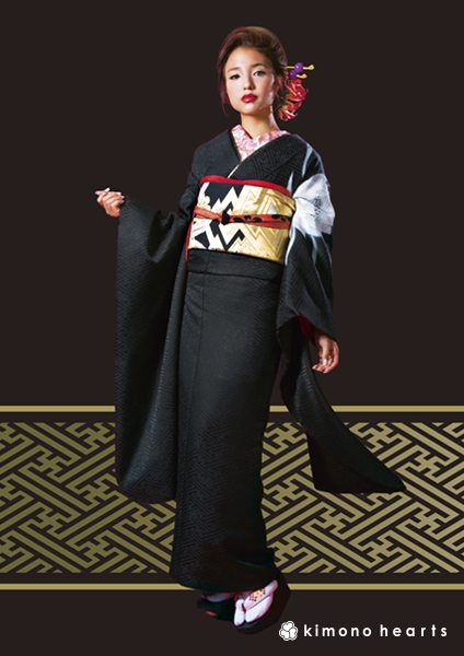 【キモノハーツ】成人式の振袖レンタル・購入 卒業式の袴レンタル 【モードスタイル】　キモノハーツオリジナル振袖　黒　銀　無地　月下美人　シンプル　最先端　都会的　シック　大人　二十歳の集い　クール　かっこいい　最新トレンドのかわいいお洒落な振袖をお安くお得に　KH-176