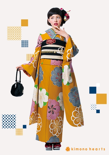 【レトロモダン】モダンなマスタード色に紅白、黒のねじり梅がかわいいレトロ振袖。加藤ナナ｜キモノハーツ｜成人式の振袖レンタル・購入卒業式の袴レンタル FL-5104