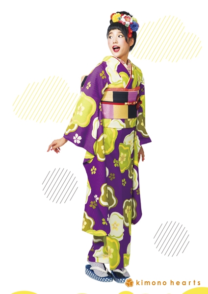 【キモノハーツ】成人式の振袖レンタル・購入 卒業式の袴レンタル 【レトロモダン】　紫　抹茶色　黄緑　緑　光琳梅　桜　総柄　カラフル　派手　キッチュ　ポップ　個性的　かわいい　昭和　二十歳の集い　はたち　最新トレンドのかわいいお洒落な振袖をお安くお得に　FL-6105