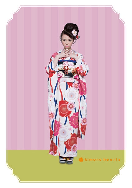 【キモノハーツ】成人式の振袖レンタル・購入 卒業式の袴レンタル 【レトロモダン】　白　赤　青　ピンク　アンティーク　トリコロールカラー　梅　よろけ縞　カラフル　派手　キッチュ　ポップ　個性的　かわいい　昭和　最新トレンドのかわいいお洒落な振袖をお安くお得に　FL-4102　二十歳の集い　爽やか