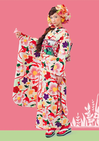 【キモノハーツ】成人式の振袖レンタル・購入 卒業式の袴レンタル 【レトロモダン】　オフホワイト　白　赤　ピンク　椿　梅　桔梗　アンティーク　タカハシマイ　カラフル　派手　キッチュ　ポップ　個性的　かわいい　昭和　最新トレンドのかわいいお洒落な振袖をお安くお得に　KH-147　二十歳の集い