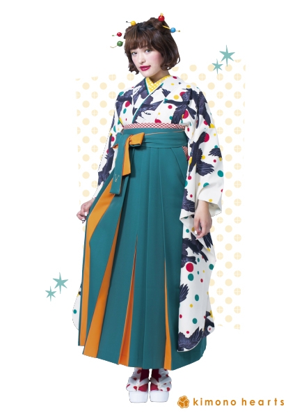 【キモノハーツ】成人式の振袖レンタル・購入 卒業式の袴レンタル 【レトロモダン】　白　オフホワイト　黒　八咫烏　ドット　水玉　カラフル　派手　キッチュ　ポップ　個性的　かわいい　昭和　最新トレンドのかわいいお洒落な振袖をお安くお得に　KH-183　二十歳の集い　卒業袴