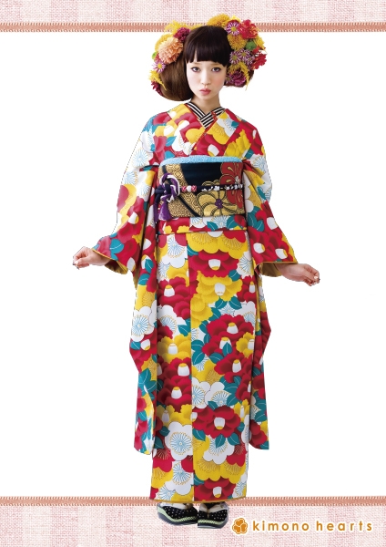 【キモノハーツ】成人式の振袖レンタル・購入 卒業式の袴レンタル 【レトロモダン】　赤　黄色　山吹色　白　LARME掲載　椿　梅　タカハシマイ　加藤ナナ　アンティーク　カラフル　派手　キッチュ　ポップ　個性的　かわいい　昭和　最新トレンドのかわいいお洒落な振袖をお安くお得に　KH-115　二十歳の集い