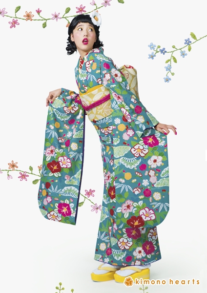 【キモノハーツ】成人式の振袖レンタル・購入 卒業式の袴レンタル 【レトロモダン】　ターコイズブルー　青緑　椿　松竹梅　カラフル　派手　キッチュ　ポップ　個性的　かわいい　二十歳の集い　はたち　昭和　最新トレンドのかわいいお洒落な振袖をお安くお得に　FL-6107