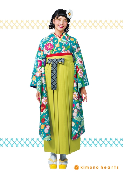 【キモノハーツ】成人式の振袖レンタル・購入 卒業式の袴レンタル 【レトロモダン】　ターコイズブルー　青緑　椿　松竹梅　カラフル　派手　キッチュ　ポップ　個性的　かわいい　二十歳の集い　はたち　昭和　最新トレンドのかわいいお洒落な振袖をお安くお得に　FL-6107　卒業袴