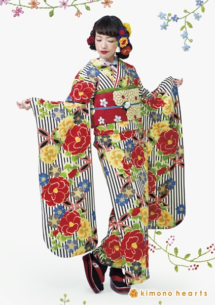 【キモノハーツ】成人式の振袖レンタル・購入 卒業式の袴レンタル 【レトロモダン】　黒　白　モノトーン　赤　ストライプ　縦縞　椿　加藤ナナ　カラフル　派手　キッチュ　ポップ　個性的　かわいい　昭和　二十歳の集い　最新トレンドのかわいいお洒落な振袖をお安くお得に　FL-6102