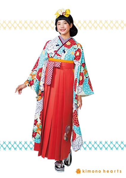 【キモノハーツ】成人式の振袖レンタル・購入 卒業式の袴レンタル 【レトロモダン】　白　水色　青　赤　菊　カラフル　派手　キッチュ　ポップ　個性的　かわいい　二十歳の集い　はたち　昭和　最新トレンドのかわいいお洒落な振袖をお安くお得に　FL-6103　卒業袴