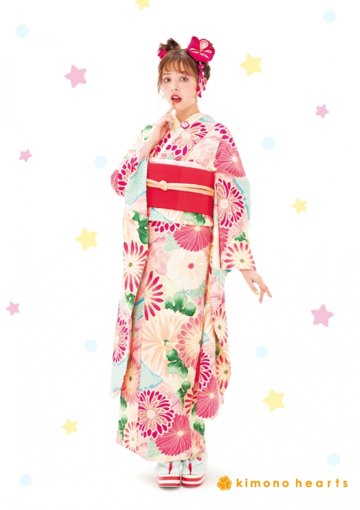 【キモノハーツ】成人式の振袖レンタル・購入 卒業式の袴レンタル 【レトロモダン】 ピンク 水色 青 パステルカラー 万寿菊 鹿の子 LARME掲載 加藤ナナ カラフル 派手 キッチュ ポップ 個性的 かわいい 昭和 二十歳の集い 最新トレンドのかわいいお洒落な振袖をお安くお得に FL-8103
