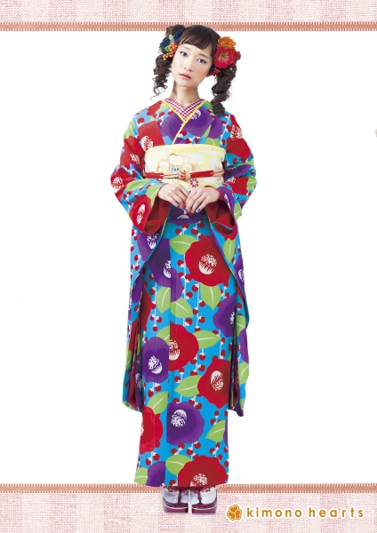【キモノハーツ】成人式の振袖レンタル・購入 卒業式の袴レンタル 【レトロモダン】 水色 赤 紫 椿 派手 タカハシマイ カラフル 派手 キッチュ ポップ 個性的 かわいい 昭和 最新トレンドのかわいいお洒落な振袖をお安くお得に KH-149 二十歳の集い