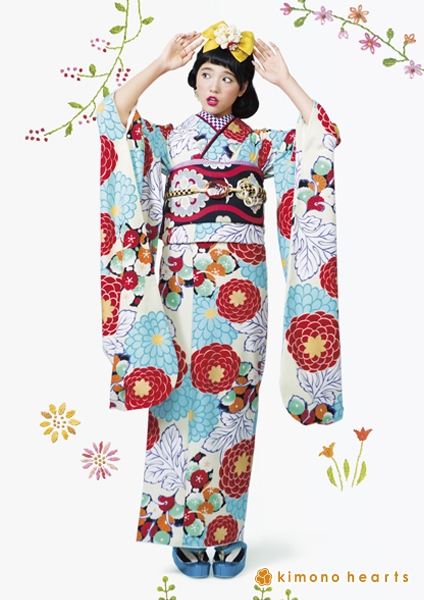 【キモノハーツ】成人式の振袖レンタル・購入 卒業式の袴レンタル 【レトロモダン】　白　水色　青　赤　菊　カラフル　派手　キッチュ　ポップ　個性的　かわいい　二十歳の集い　はたち　昭和　最新トレンドのかわいいお洒落な振袖をお安くお得に　FL-6103