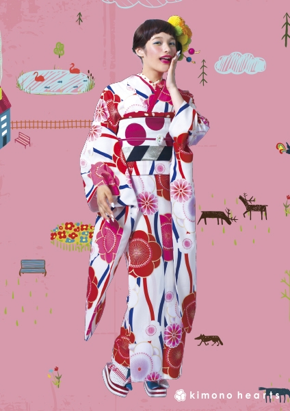 【キモノハーツ】成人式の振袖レンタル・購入 卒業式の袴レンタル 【レトロモダン】　白　赤　青　ピンク　アンティーク　トリコロールカラー　梅　よろけ縞　カラフル　派手　キッチュ　ポップ　個性的　かわいい　昭和　最新トレンドのかわいいお洒落な振袖をお安くお得に　FL-4102　二十歳の集い　爽やか