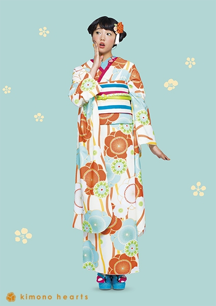 【キモノハーツ】成人式の振袖レンタル・購入 卒業式の袴レンタル 【レトロモダン】　橙色　オレンジ　青　水色　梅　菊　カラフル　派手　キッチュ　ポップ　個性的　かわいい　昭和　最新トレンドのかわいいお洒落な振袖をお安くお得に FL-4101 二十歳の集い