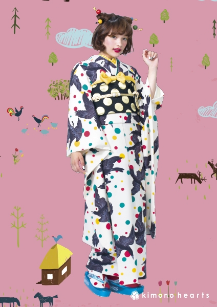 【キモノハーツ】成人式の振袖レンタル・購入 卒業式の袴レンタル 【レトロモダン】　白　オフホワイト　黒　八咫烏　ドット　水玉　カラフル　派手　キッチュ　ポップ　個性的　かわいい　昭和　最新トレンドのかわいいお洒落な振袖をお安くお得に　KH-183　二十歳の集い