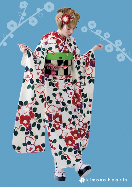 【キモノハーツ】成人式の振袖レンタル・購入 卒業式の袴レンタル 【レトロモダン】　白　オフホワイト　赤　紅白椿　カラフル　派手　キッチュ　ポップ　個性的　かわいい　二十歳の集い　はたち　昭和　最新トレンドのかわいいお洒落な振袖をお安くお得に　FR-1902
