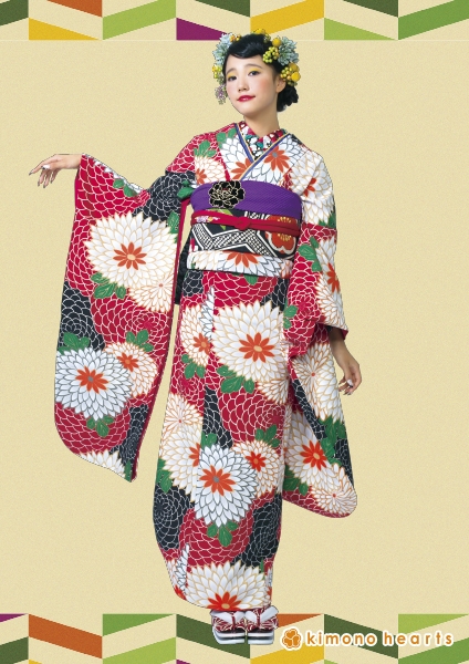 【キモノハーツ】成人式の振袖レンタル・購入 卒業式の袴レンタル 【レトロモダン】　赤　白　黒　オレンジ　橙色　菊　大柄振袖　カラフル　派手　キッチュ　ポップ　個性的　かわいい　昭和　最新トレンドのかわいいお洒落な振袖をお安くお得に FL-5106　二十歳の集い
