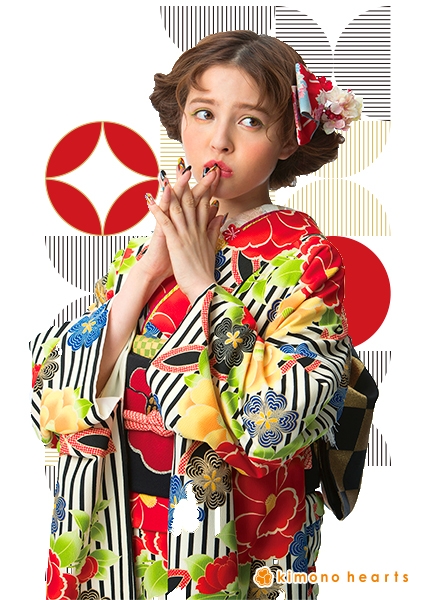 【キモノハーツ】成人式の振袖レンタル・購入 卒業式の袴レンタル 【レトロモダン】　黒　白　モノトーン　赤　ストライプ　縦縞　椿　加藤ナナ　カラフル　派手　キッチュ　ポップ　個性的　かわいい　昭和　二十歳の集い　最新トレンドのかわいいお洒落な振袖をお安くお得に　FL-6102