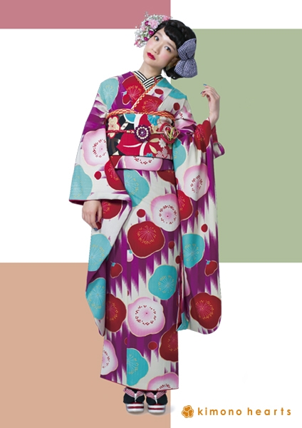 【キモノハーツ】成人式の振袖レンタル・購入 卒業式の袴レンタル 【レトロモダン】　赤　ベージュ　梅　松　アンティーク　カラフル　派手　キッチュ　ポップ　個性的　かわいい　昭和　最新トレンドのかわいいお洒落な振袖をお安くお得に ももクロ 高城れに着用　銘仙　FL-4103　二十歳の集い