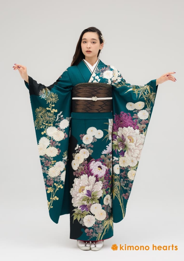 【キモノハーツ】成人式の振袖レンタル・購入 卒業式の袴レンタル 【モードスタイル】緑　牡丹　菊　ゴージャス　弓ライカ　最先端　都会的　シック　大人　はたちの集い　最新トレンドのかわいいお洒落な振袖をお安くお得に FL-C306