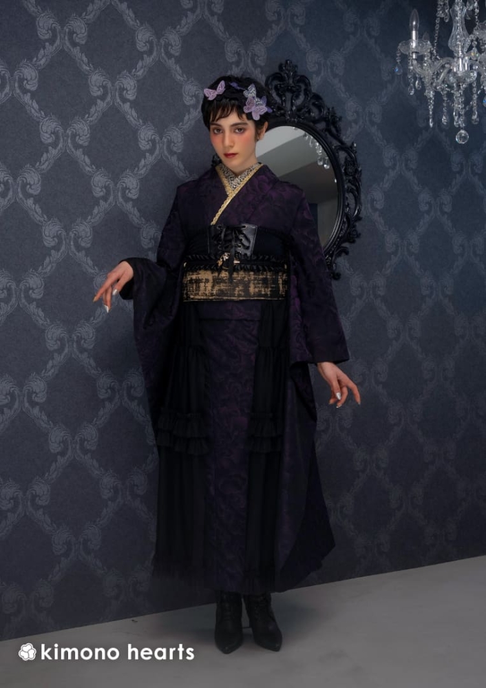 ジュリアンヌ【キモノハーツ】成人式の振袖レンタル・購入 卒業式の袴レンタル 【ゴシック】 紫 黒 シック 薮下汀麻 ダーク ドーリー ゴスロリ パンク 中世 ドール 最新トレンドのかわいいお洒落な振袖をお安くお得に KH-387