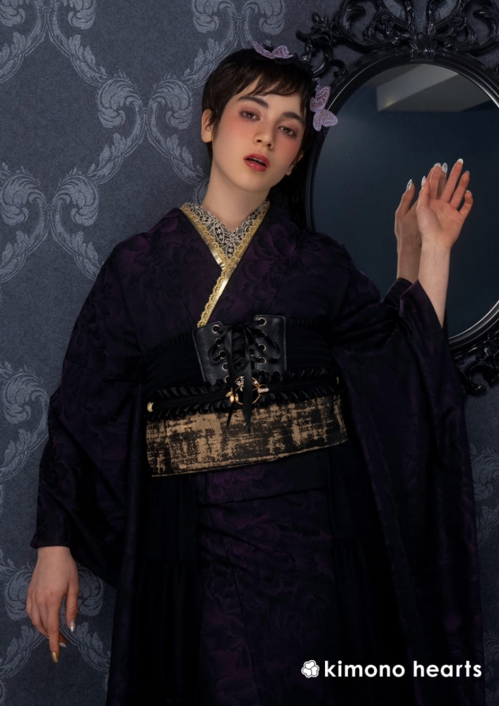 ジュリアンヌ【キモノハーツ】成人式の振袖レンタル・購入 卒業式の袴レンタル 【ゴシック】 紫 黒 シック 薮下汀麻 ダーク ドーリー ゴスロリ パンク 中世 ドール 最新トレンドのかわいいお洒落な振袖をお安くお得に KH-387