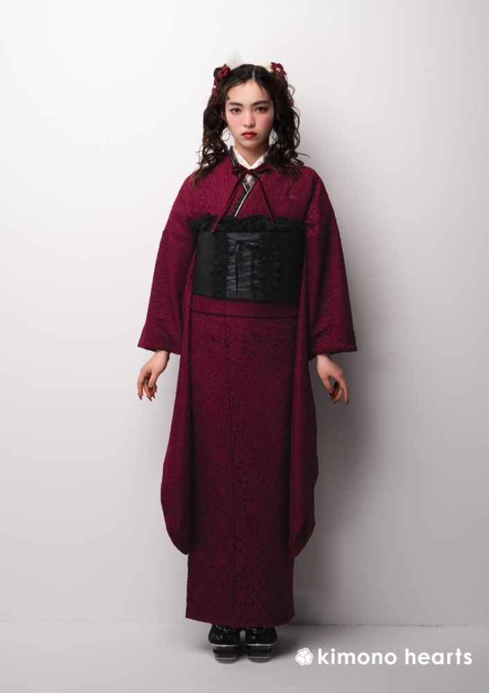 総レース MIKISAKURA えんじ ワインレッド 赤紫 無地 ヴィラットあやめ【キモノハーツ】成人式の振袖レンタル・購入 卒業式の袴レンタル 【ゴシック】 ロリータ シック ダーク ドーリー ゴスロリ パンク 中世 ドール はたちの集い 最新トレンドのかわいいお洒落な振袖をお安くお得に KH-564